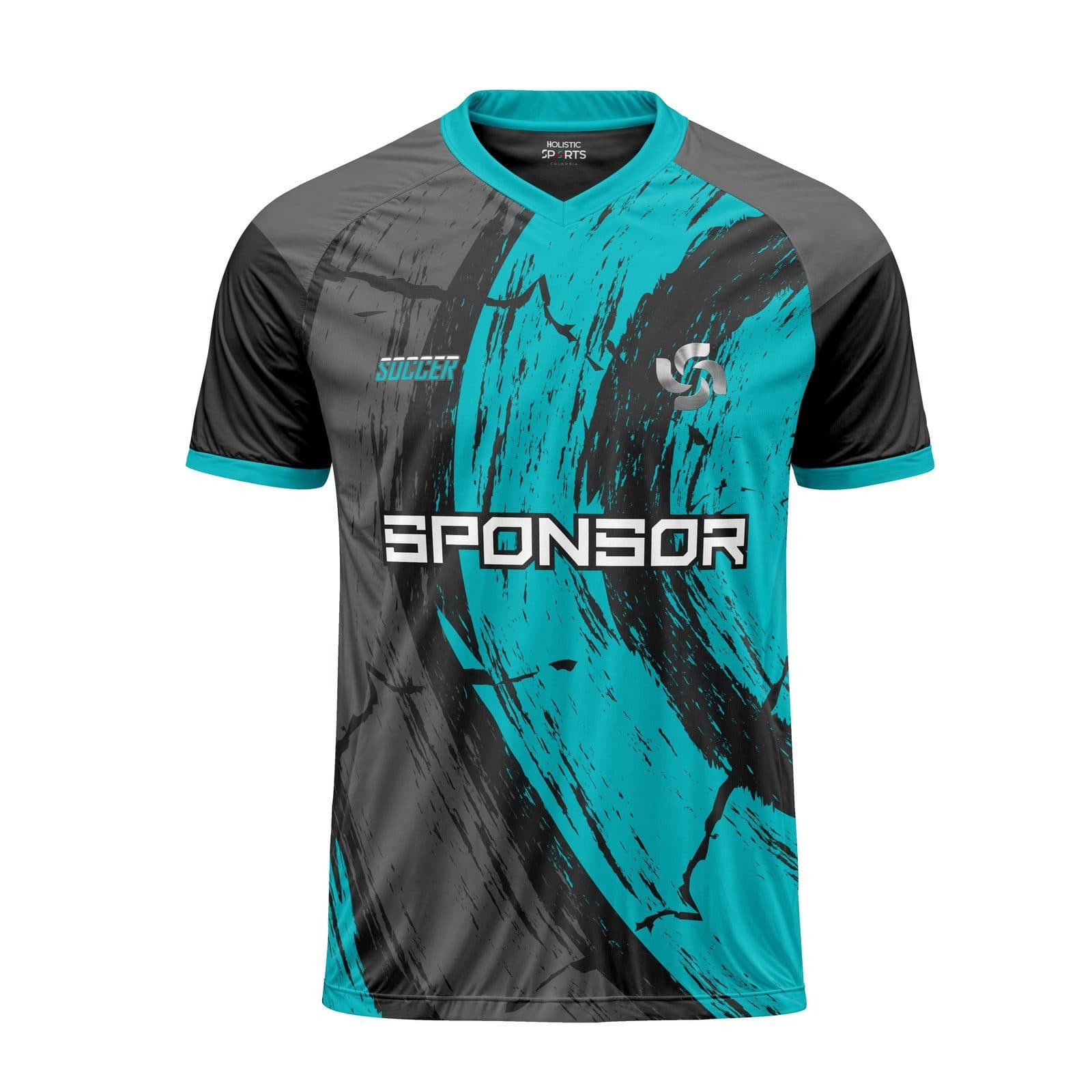 Camiseta de juego sublimada en aguamarina y negro con espacio para patrocinador