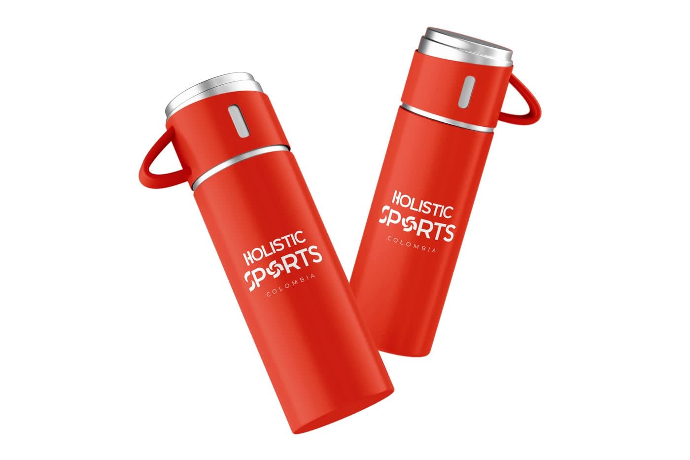 Dos termos rojos de acero con el logo de Holistic Sports Colombia
